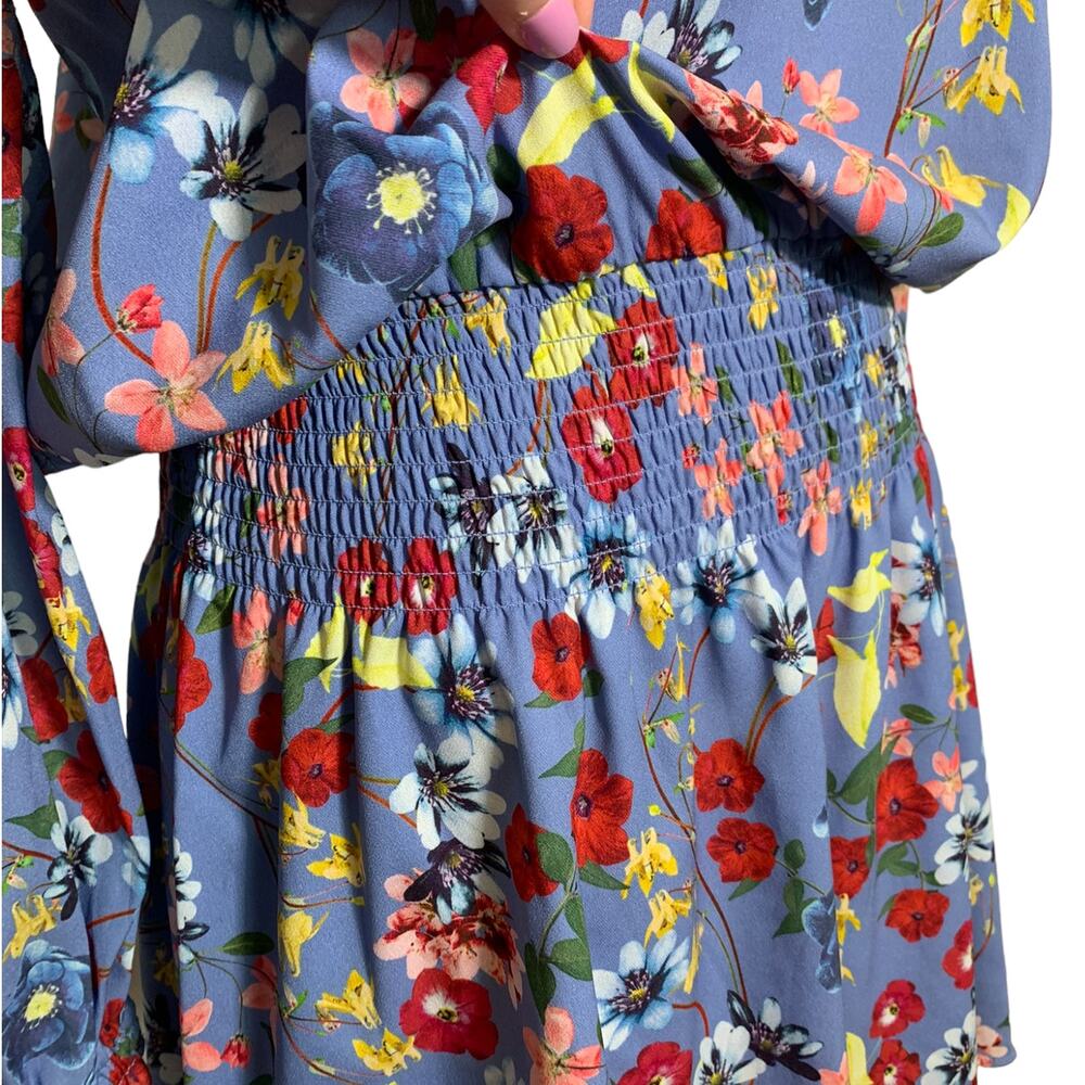 Parker Floral Smocked Waist Key Hole Ruffle Long Sleeve Dress Periwinkle Medium - Picture 7 of 14